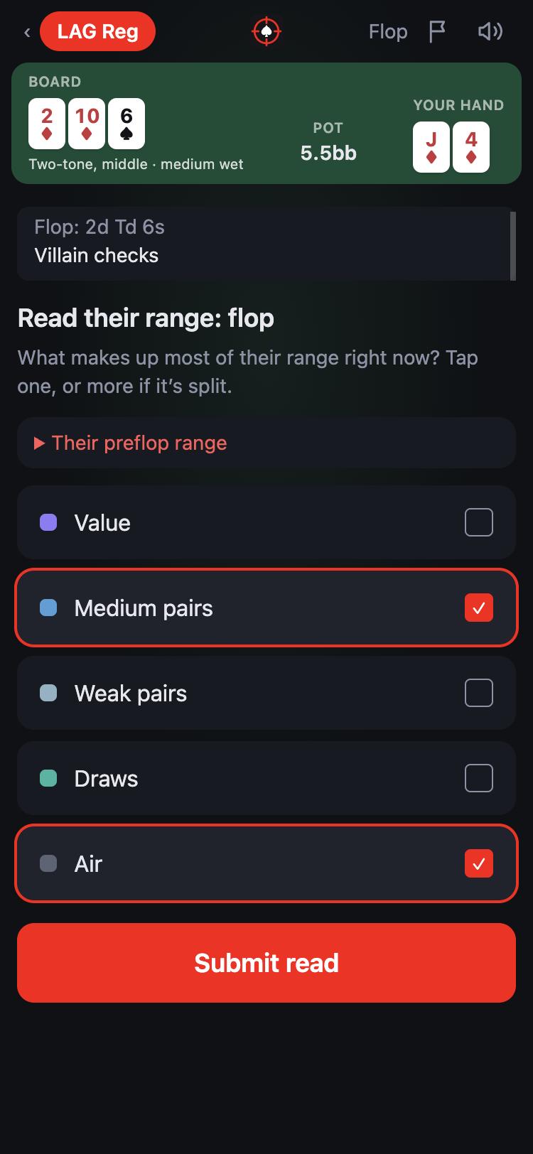 A bucket read on the flop: Medium pairs and Air are ticked.