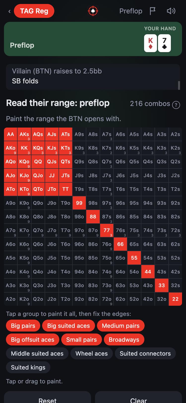 A preflop grid read: pairs, big aces and broadways painted with the group shortcuts under the grid.