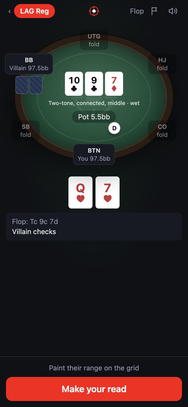 The table on the flop: the LAG has checked, and a Make your read button sits at the bottom.